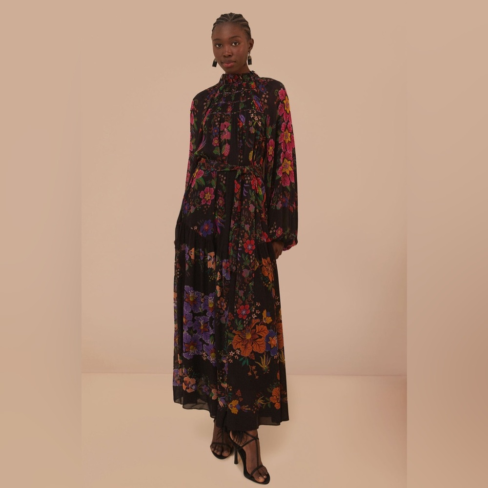 NWOT Farm Rio Black Floral Scarves High Neck Maxi Dress M